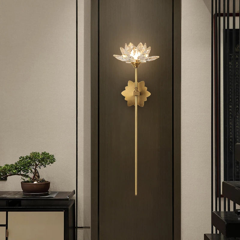 Arandela de cristal dourada, Arandela flor de lótus, Luminária de parede, Luminária decorativa dourada