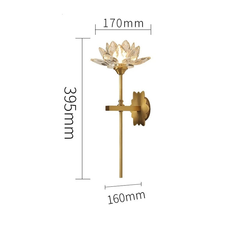Arandela de cristal dourada, Arandela flor de lótus, Luminária de parede, Luminária decorativa dourada