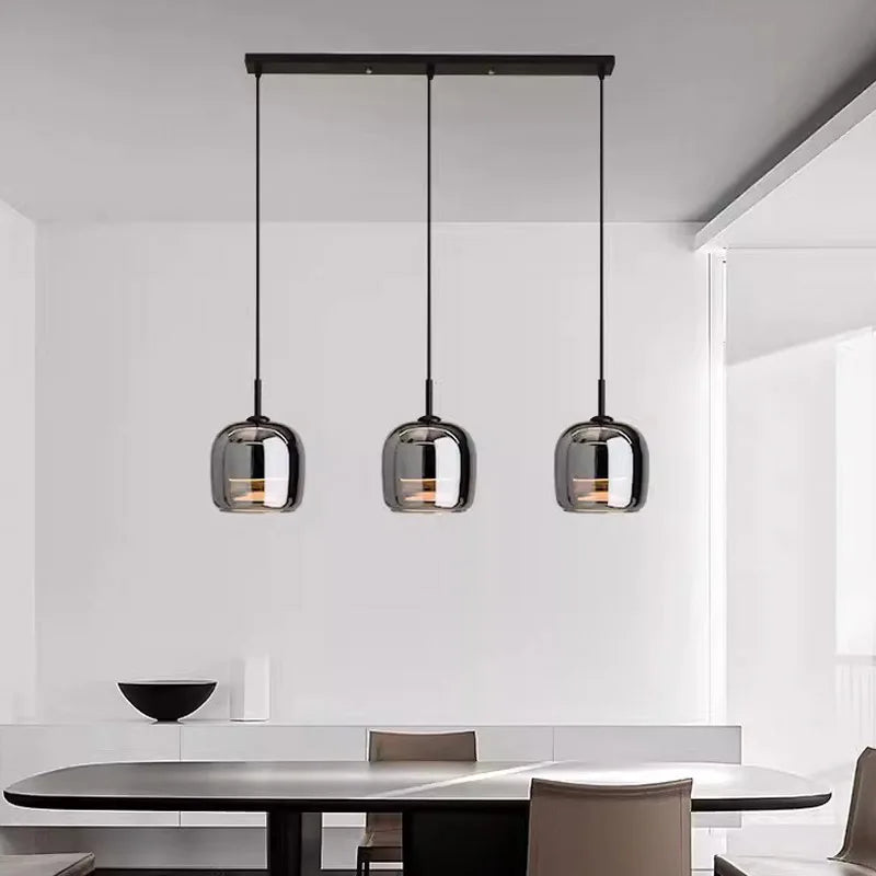 pendente vidro fumê moderno, luminária pendente vidro fumê, pendente moderno sala de jantar, iluminação suspensa cozinha, pendente de vidro minimalista