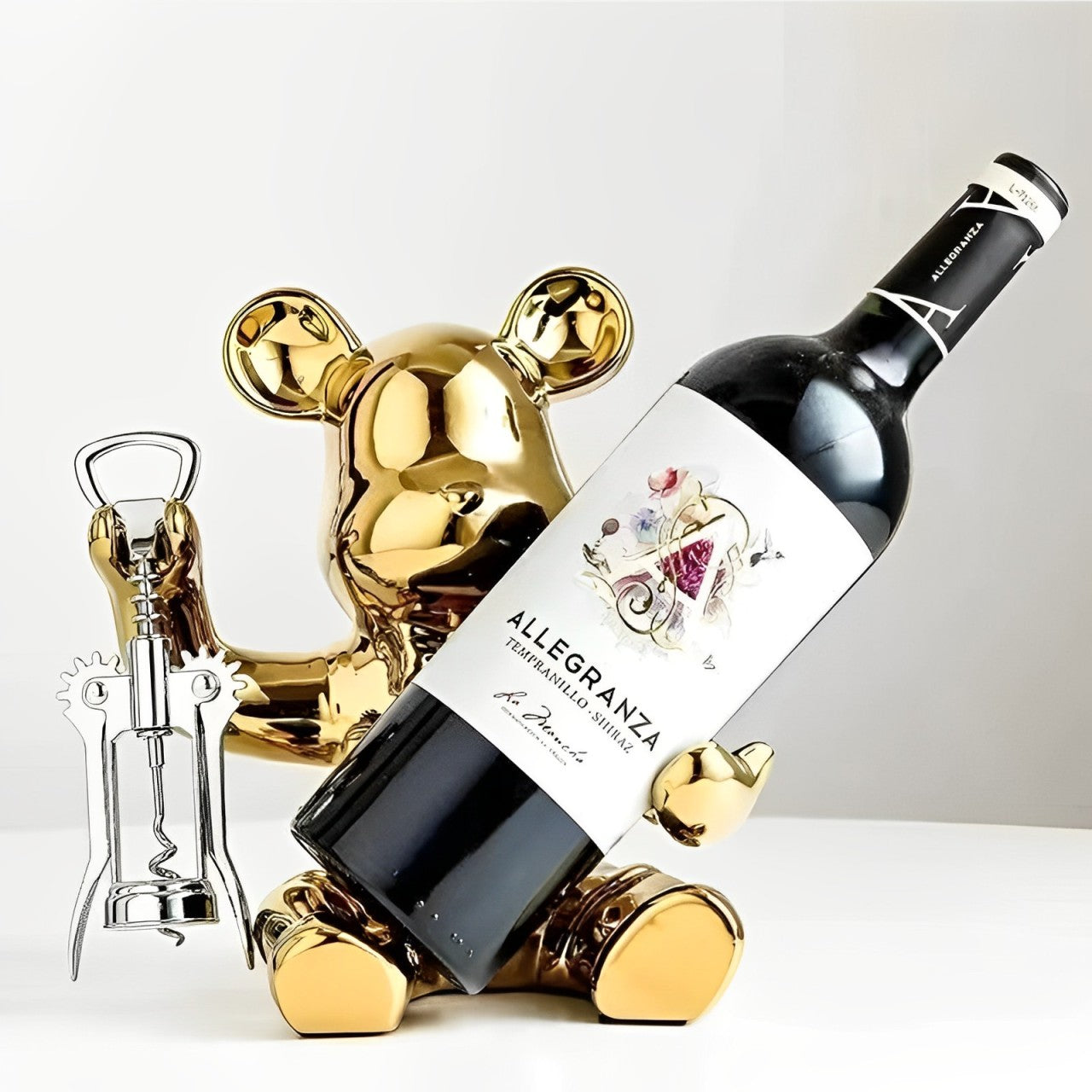 Suporte de Vinho Urso de Cerâmica Luxo + Abridor