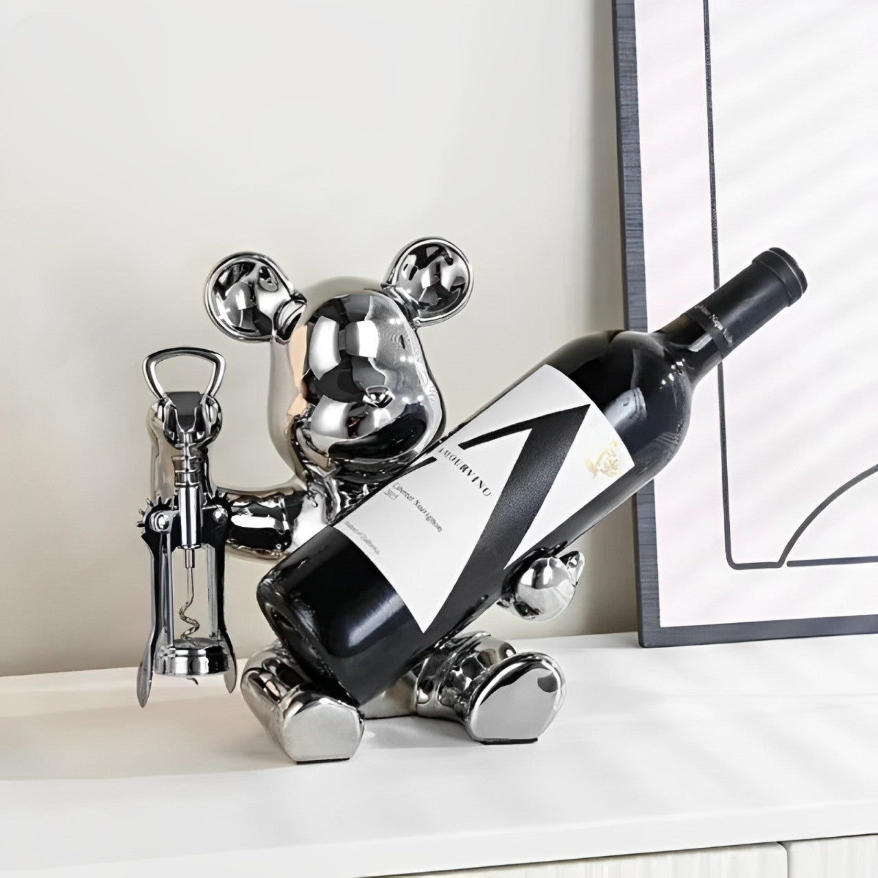 Suporte de Vinho Urso de Cerâmica Luxo + Abridor