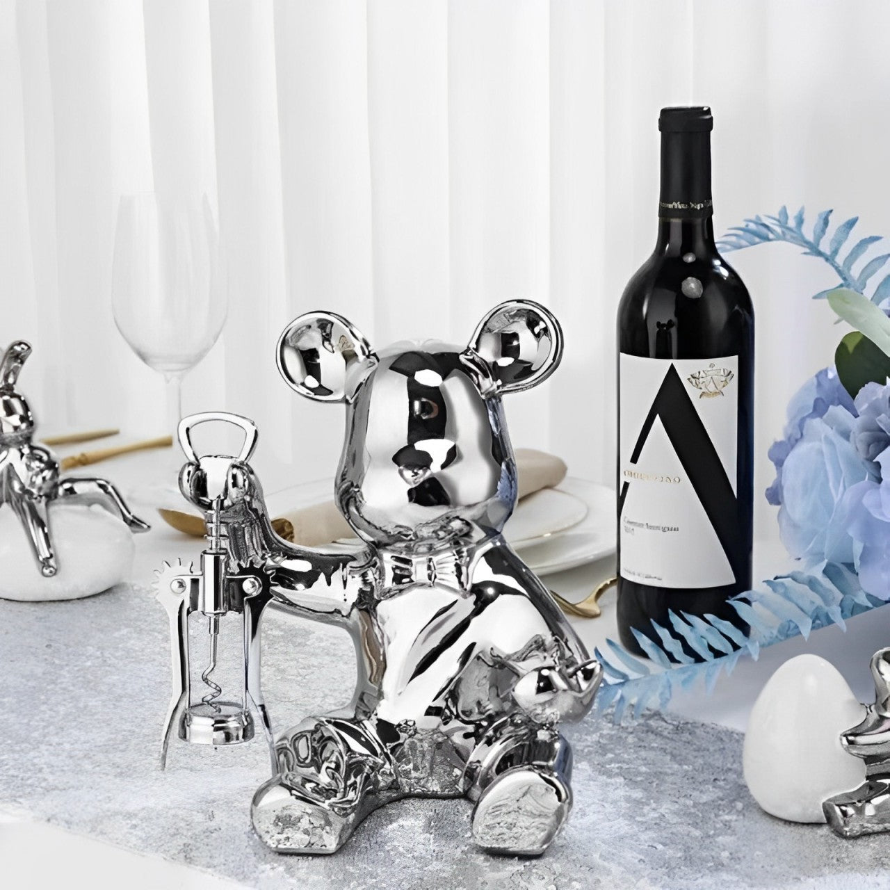 Suporte de Vinho Urso de Cerâmica Luxo + Abridor