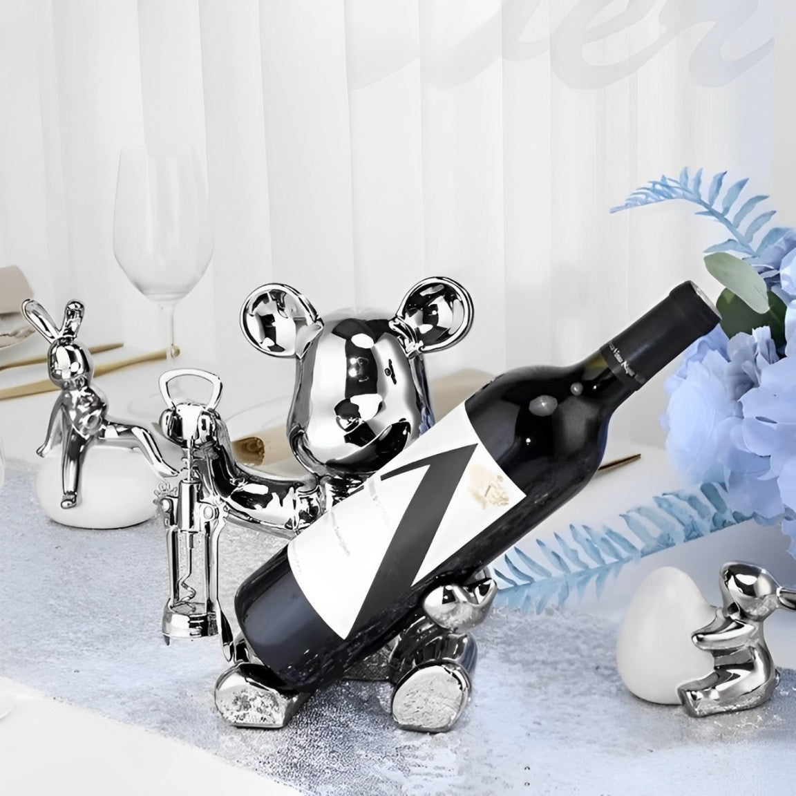 Suporte de Vinho Urso de Cerâmica Luxo + Abridor